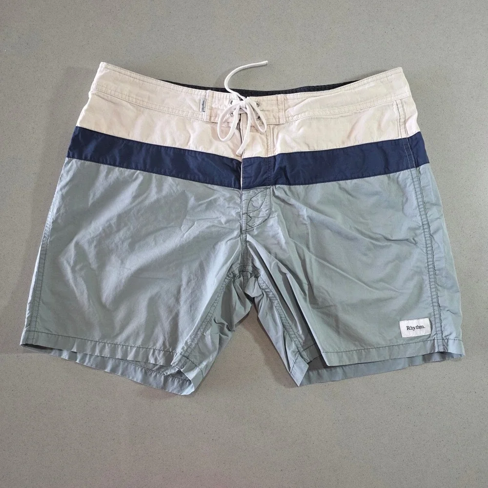 Rhythm Mens Colorblock Board Shorts Size 36 Green Blue Cream Surf Trunks